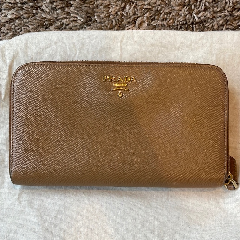 Prada Tan Leather Zip Wallet